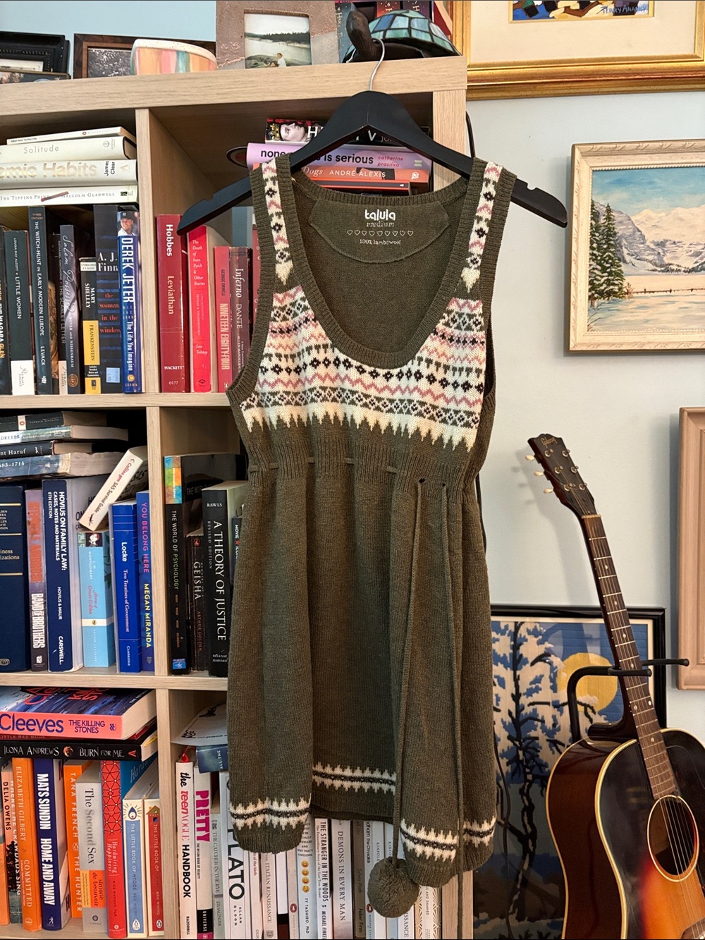 Vintage Talula (Aritzia) Olive Fair Isle Knit Mini Dress with Pom Detail